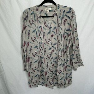 Coldwater Creek Shirt Women’s Sz 1X Gray Boho Feather Print Button Front Pintuck